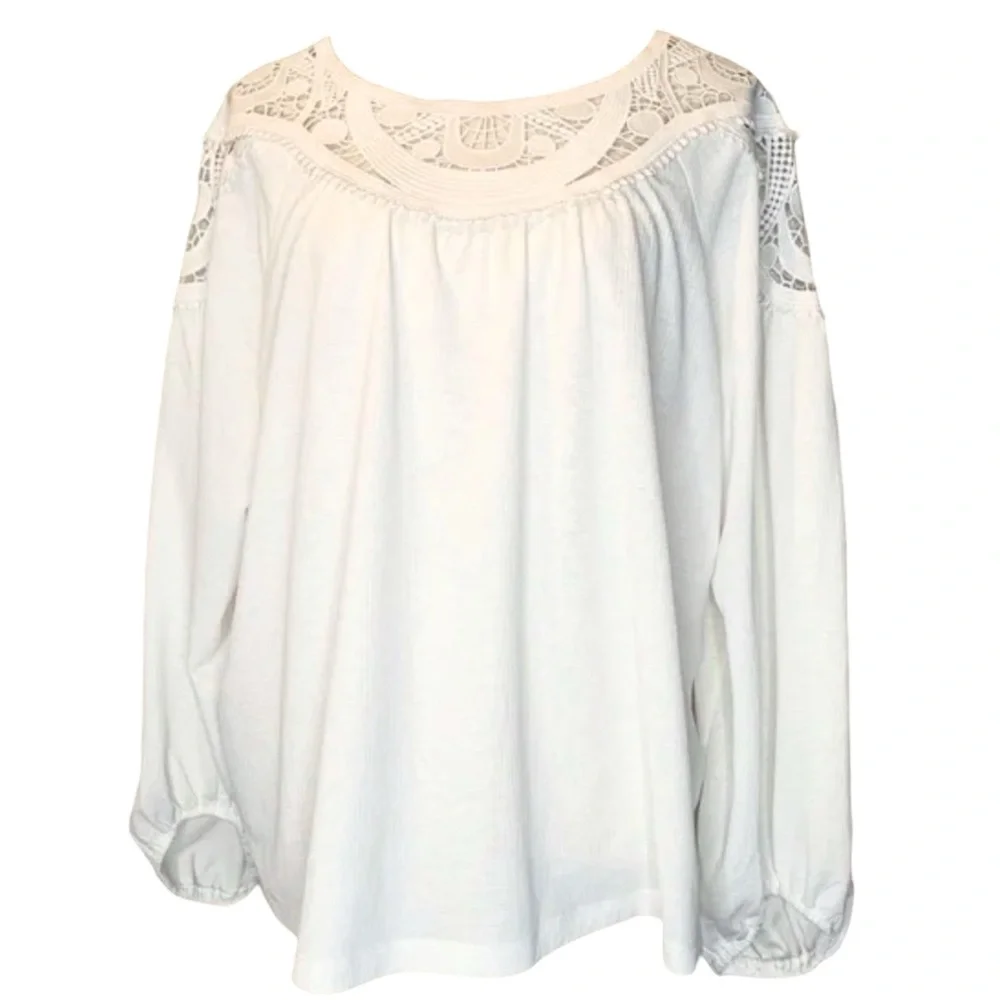 Ann Taylor Lace Yoke Knit Blouse Ivory Long Sleeve Pullover Size Medium